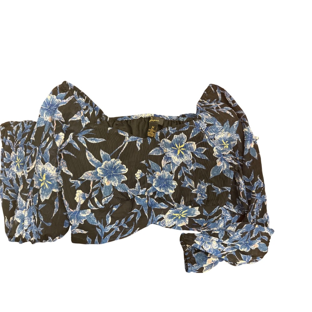 Jopna Floral Plisse Crop Top Long Sleeve Tie Waist Blue Black‎ Square Neck M